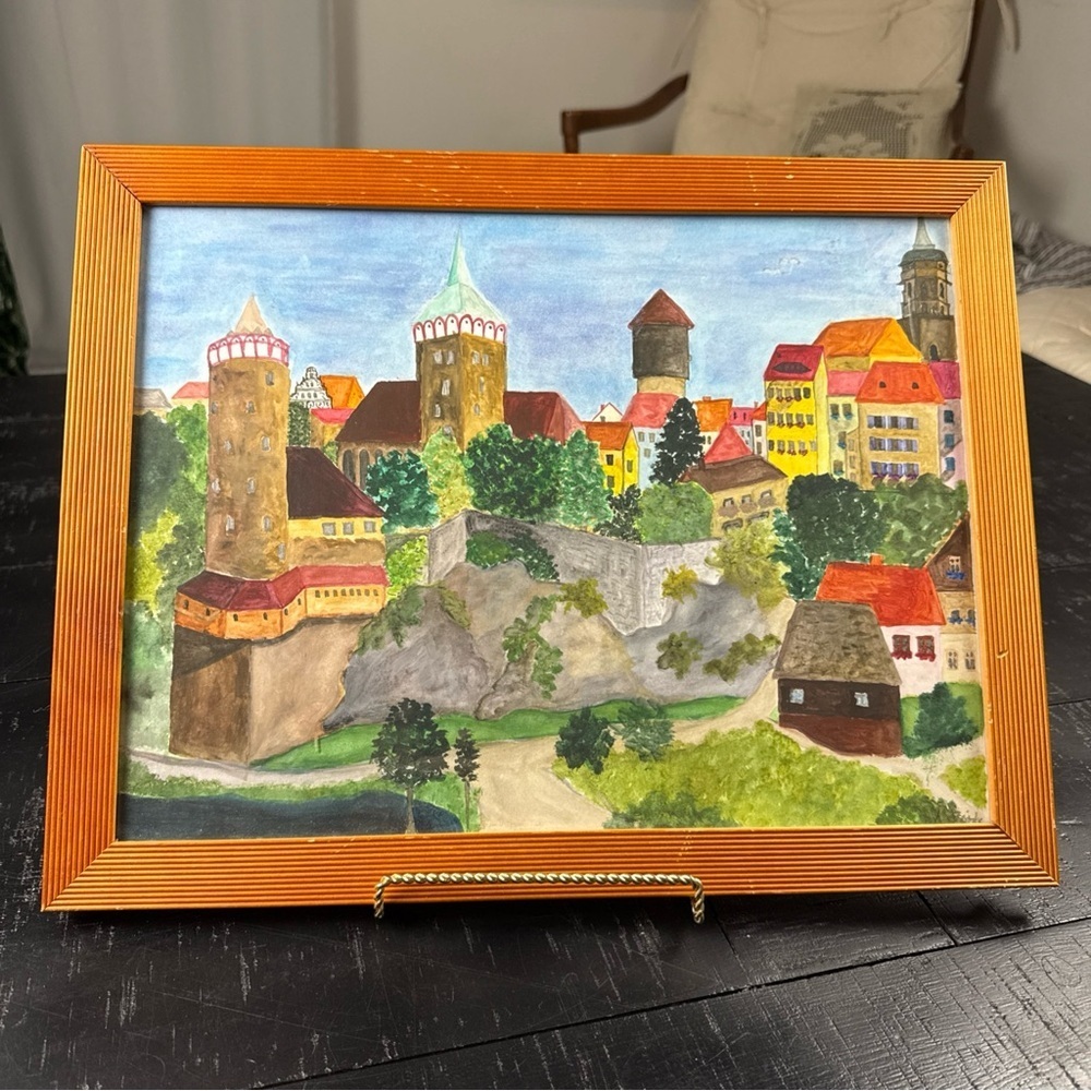 Bautzen Germany Watercolor Signed By Artist Anna Steinke Framed Cityscape Land